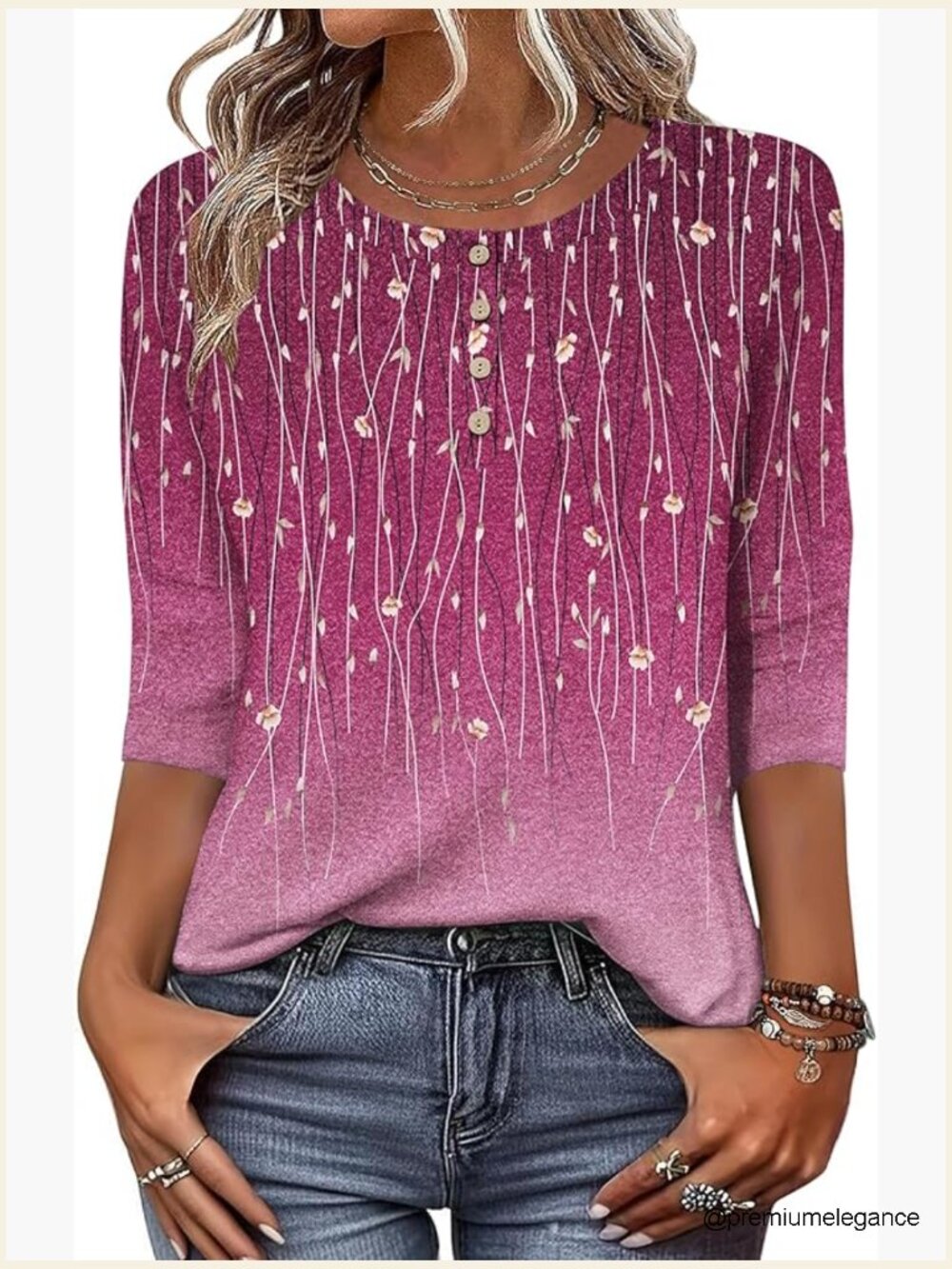 3/4 Sleeve Tunic Crew Neck Floral Blouse Loose Fit Business Casual Top